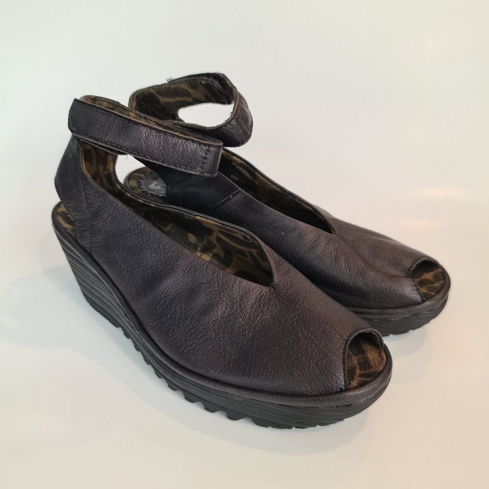 Fly London Yuna Leather Ankle Strap Wedge Platform Peep Toe Sandals 40 Purple